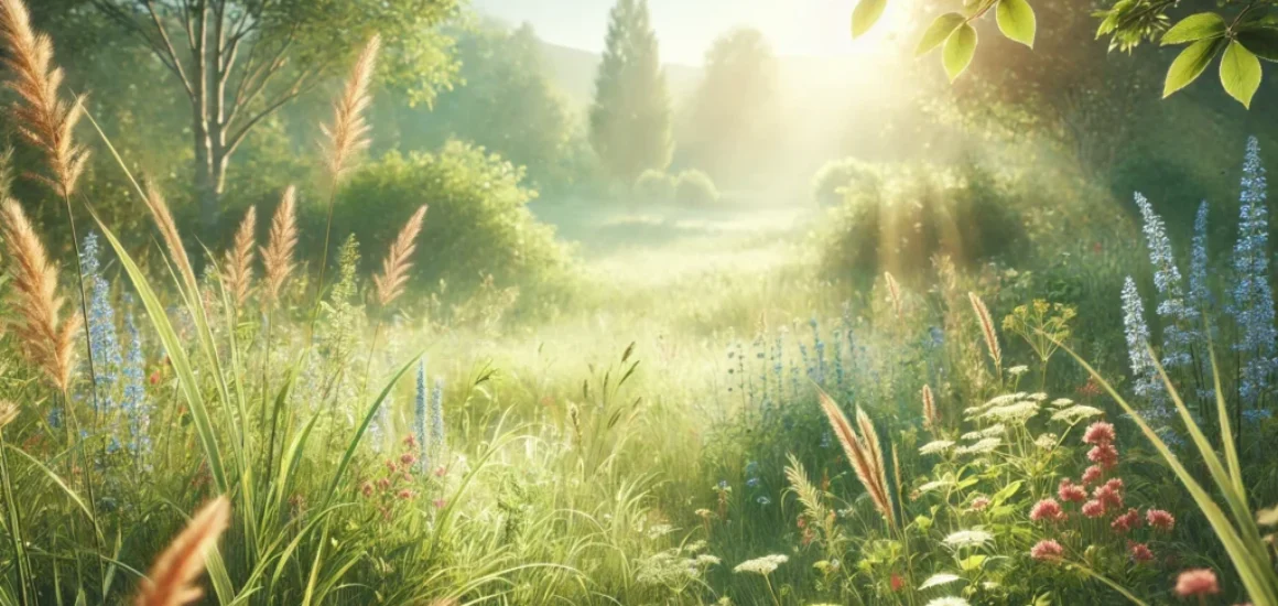 DALL·E 2024-10-07 20.03.18 - A serene and picturesque nature scene of a meadow, featuring tall green grasses and scattered wildflowers. Soft sunlight illuminates the landscape, cr